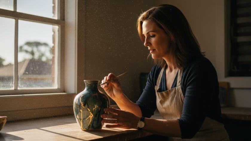 An epic moment captured in Blackburn North creative advertising photography: A local artisan proudly presenting their handcrafted product in a warmly lit, rustic workshop, dramatic lens flare highlighting the intricate details, professional and compelling.