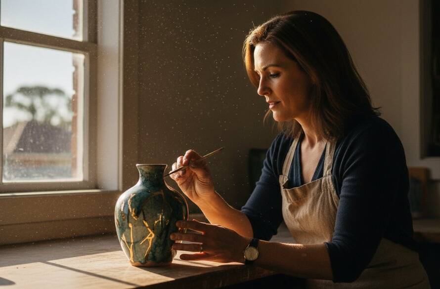 An epic moment captured in Blackburn North creative advertising photography: A local artisan proudly presenting their handcrafted product in a warmly lit, rustic workshop, dramatic lens flare highlighting the intricate details, professional and compelling.