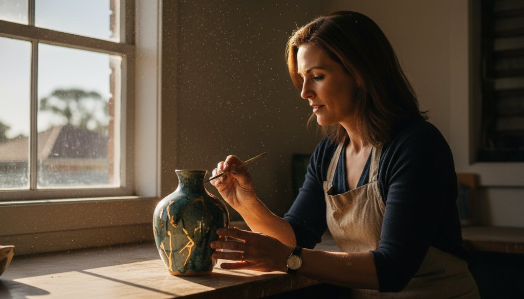 An epic moment captured in Blackburn North creative advertising photography: A local artisan proudly presenting their handcrafted product in a warmly lit, rustic workshop, dramatic lens flare highlighting the intricate details, professional and compelling.
