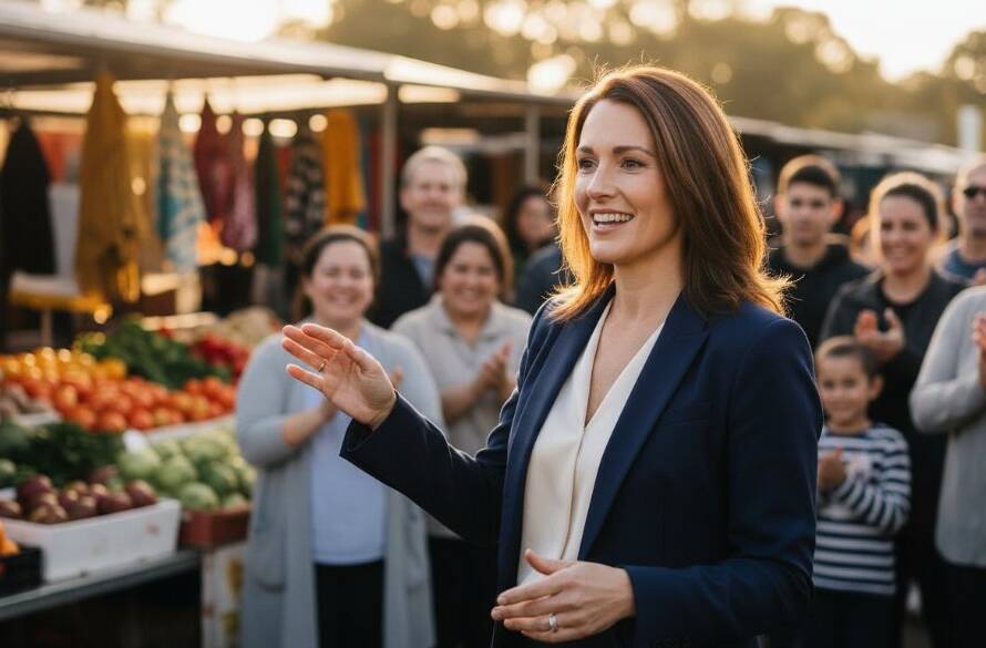A powerful Blackburn North editorial photography shot capturing a local community leader passionately addressing a vibrant crowd at a bustling local market, dramatic golden hour light, cinematic feel.
