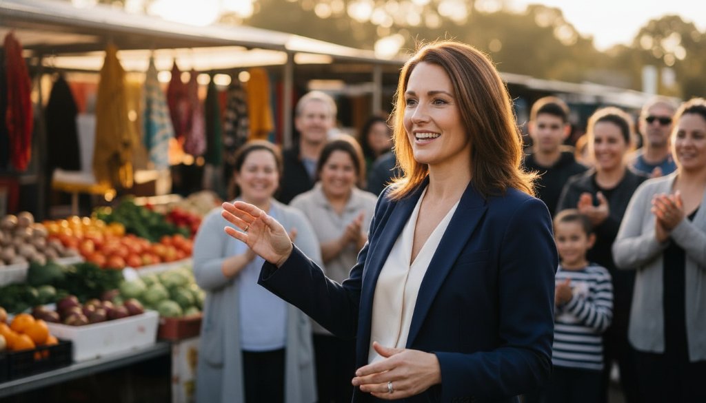 A powerful Blackburn North editorial photography shot capturing a local community leader passionately addressing a vibrant crowd at a bustling local market, dramatic golden hour light, cinematic feel.