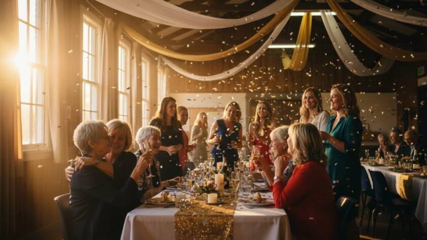 An emotional, candid wide shot captured by a Blackburn North event photographer capturing joyous celebrations, showing guests laughing and embracing under festive lights at a local Blackburn North community hall, bathed in warm, cinematic golden hour light.