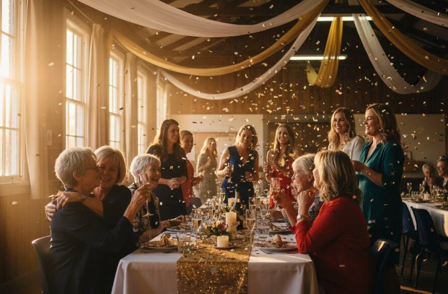 An emotional, candid wide shot captured by a Blackburn North event photographer capturing joyous celebrations, showing guests laughing and embracing under festive lights at a local Blackburn North community hall, bathed in warm, cinematic golden hour light.