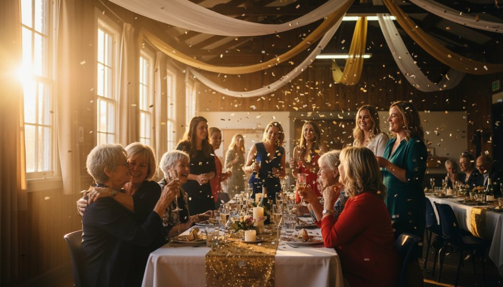 An emotional, candid wide shot captured by a Blackburn North event photographer capturing joyous celebrations, showing guests laughing and embracing under festive lights at a local Blackburn North community hall, bathed in warm, cinematic golden hour light.