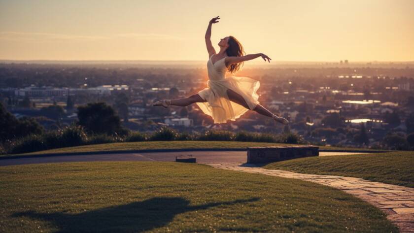 An exquisite dynamic dance photography shot in Blackburn North Victoria, featuring a ballet dancer mid-leap against a softly blurred, natural Australian bushland backdrop with dramatic golden hour lighting, capturing an epic moment of grace and power.