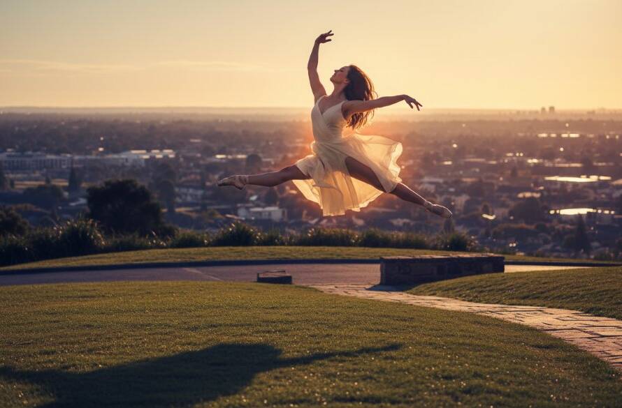 An exquisite dynamic dance photography shot in Blackburn North Victoria, featuring a ballet dancer mid-leap against a softly blurred, natural Australian bushland backdrop with dramatic golden hour lighting, capturing an epic moment of grace and power.