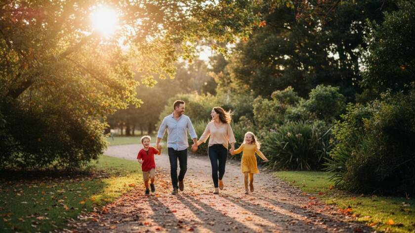 Blackburn North family photography authentic moments captured: A happy family, parents laughing as their child runs through autumn leaves in a local Blackburn North park, bathed in golden hour sunlight, showcasing genuine joy and connection.