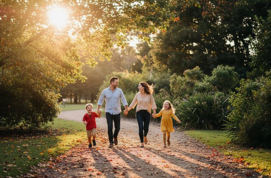 Blackburn North family photography authentic moments captured: A happy family, parents laughing as their child runs through autumn leaves in a local Blackburn North park, bathed in golden hour sunlight, showcasing genuine joy and connection.