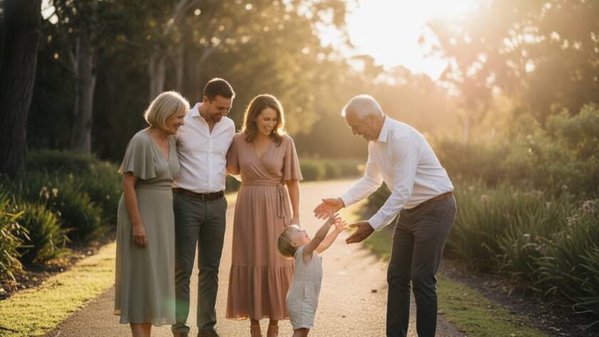 A breathtaking Blackburn North fine art photography family portrait showing a multi-generational Australian family laughing joyously amidst the soft, golden afternoon light of a local park, capturing an epic, heartfelt moment of connection and love.