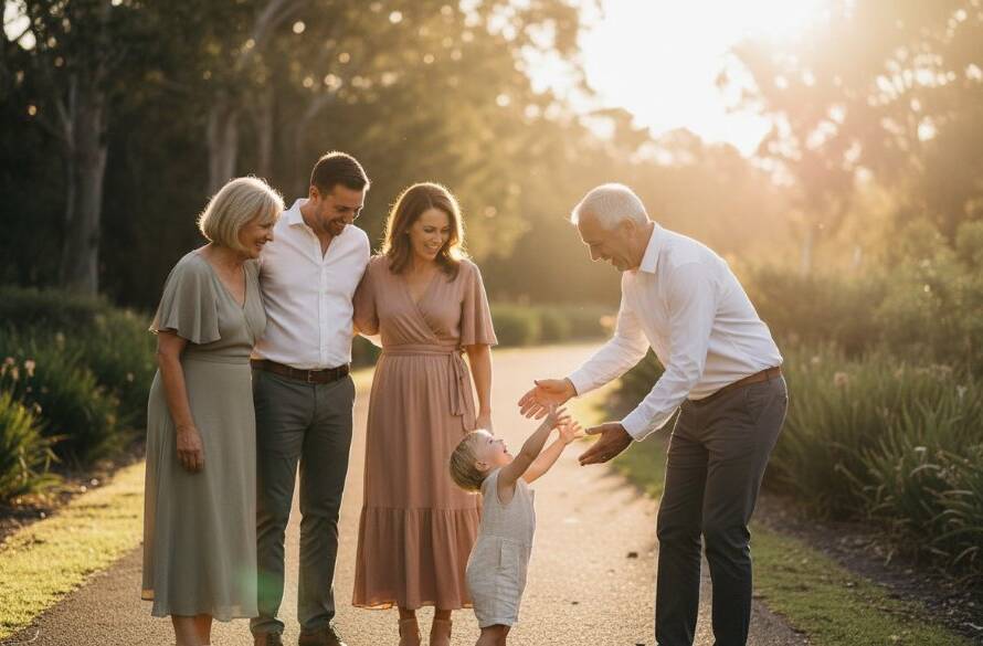 A breathtaking Blackburn North fine art photography family portrait showing a multi-generational Australian family laughing joyously amidst the soft, golden afternoon light of a local park, capturing an epic, heartfelt moment of connection and love.