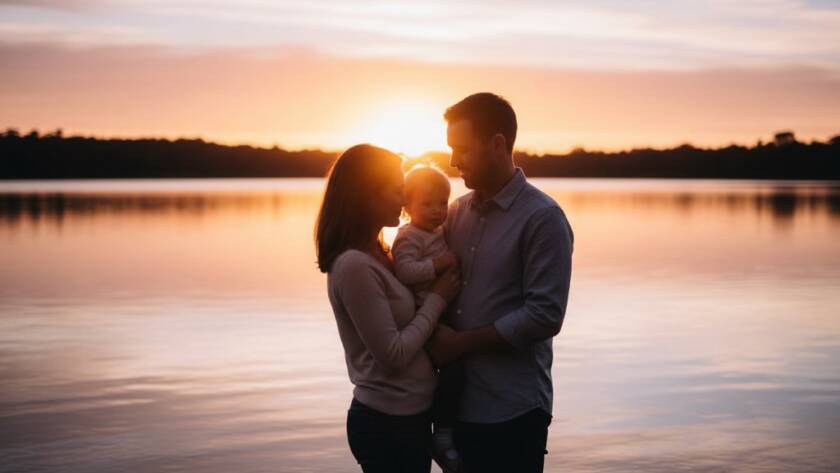 A Blackburn North fine art portrait photographer captures an intimate, dramatic moment of a young family silhouetted against a golden sunset at Blackburn Lake Sanctuary, exuding warmth and connection.