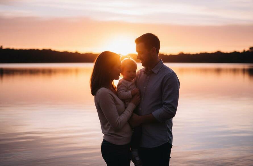 A Blackburn North fine art portrait photographer captures an intimate, dramatic moment of a young family silhouetted against a golden sunset at Blackburn Lake Sanctuary, exuding warmth and connection.