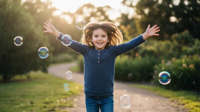 An epic moment in Blackburn North kids photography capturing genuine joy: a child, mid-laugh, covered in colourful paint during a backyard art session, sunlight filtering through eucalyptus trees, bokeh background, professional color grading, vibrant and energetic.