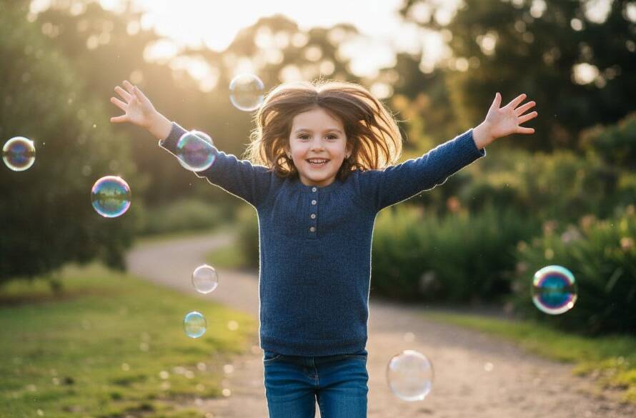 An epic moment in Blackburn North kids photography capturing genuine joy: a child, mid-laugh, covered in colourful paint during a backyard art session, sunlight filtering through eucalyptus trees, bokeh background, professional color grading, vibrant and energetic.