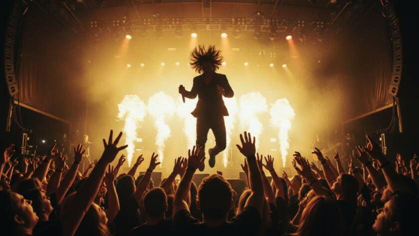 A dynamic wide-angle shot capturing the lead singer of a rock band mid-jump on stage, bathed in dramatic red and blue stage lights, with the enthusiastic crowd silhouetted in the foreground during Blackburn North Live Music Photography Melbourne.