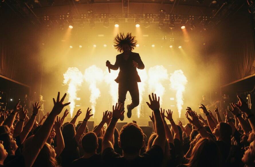A dynamic wide-angle shot capturing the lead singer of a rock band mid-jump on stage, bathed in dramatic red and blue stage lights, with the enthusiastic crowd silhouetted in the foreground during Blackburn North Live Music Photography Melbourne.