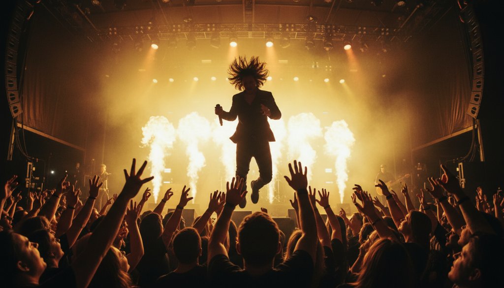 A dynamic wide-angle shot capturing the lead singer of a rock band mid-jump on stage, bathed in dramatic red and blue stage lights, with the enthusiastic crowd silhouetted in the foreground during Blackburn North Live Music Photography Melbourne.