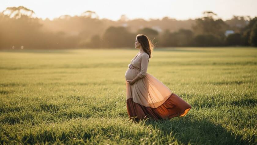 An ethereal 'Blackburn North maternity photography outdoor elegance' scene: a glowing pregnant woman in a flowing gown, silhouetted against a golden sunset in a natural park, showcasing the beauty and anticipation of motherhood.