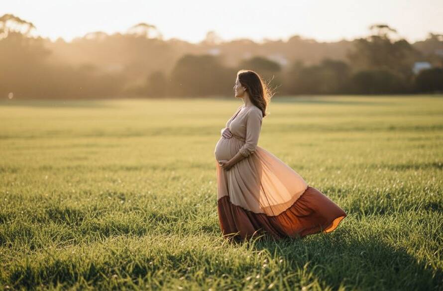 An ethereal 'Blackburn North maternity photography outdoor elegance' scene: a glowing pregnant woman in a flowing gown, silhouetted against a golden sunset in a natural park, showcasing the beauty and anticipation of motherhood.