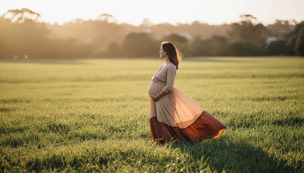 An ethereal 'Blackburn North maternity photography outdoor elegance' scene: a glowing pregnant woman in a flowing gown, silhouetted against a golden sunset in a natural park, showcasing the beauty and anticipation of motherhood.