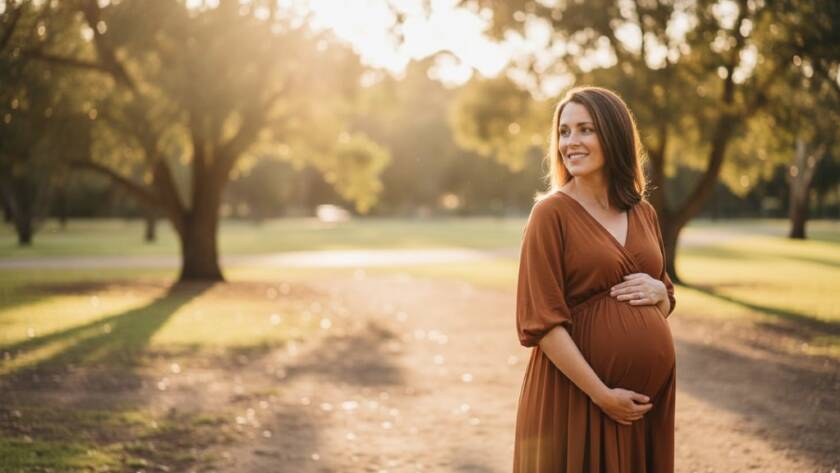 A glowing mother-to-be, silhouetted against a dramatic golden hour sunset in a Blackburn North park, cradling her bump with a tender smile, capturing an epic moment during her natural maternity photography experience.