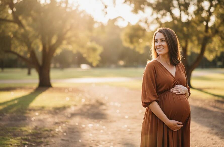 A glowing mother-to-be, silhouetted against a dramatic golden hour sunset in a Blackburn North park, cradling her bump with a tender smile, capturing an epic moment during her natural maternity photography experience.