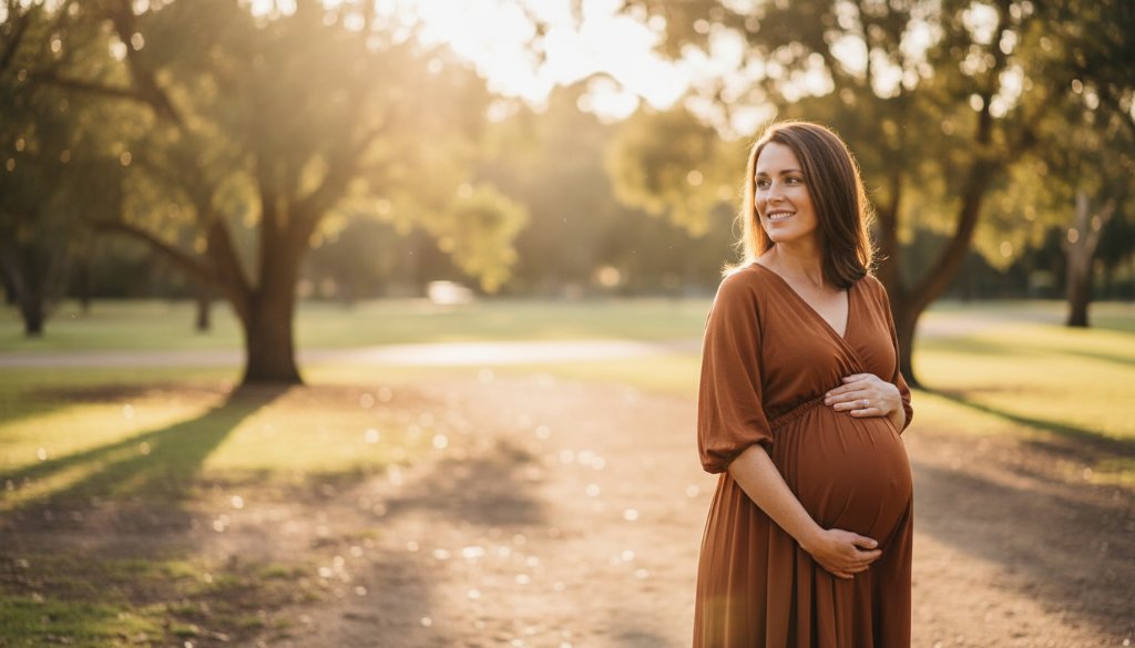 A glowing mother-to-be, silhouetted against a dramatic golden hour sunset in a Blackburn North park, cradling her bump with a tender smile, capturing an epic moment during her natural maternity photography experience.
