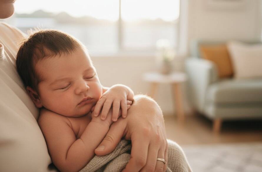 An intimate, dramatically lit close-up of a baby's tiny hand gently gripping a parent's finger during a Blackburn North newborn lifestyle photography session, bathed in warm, soft morning light filtering through a window, evoking a tender, timeless connection.