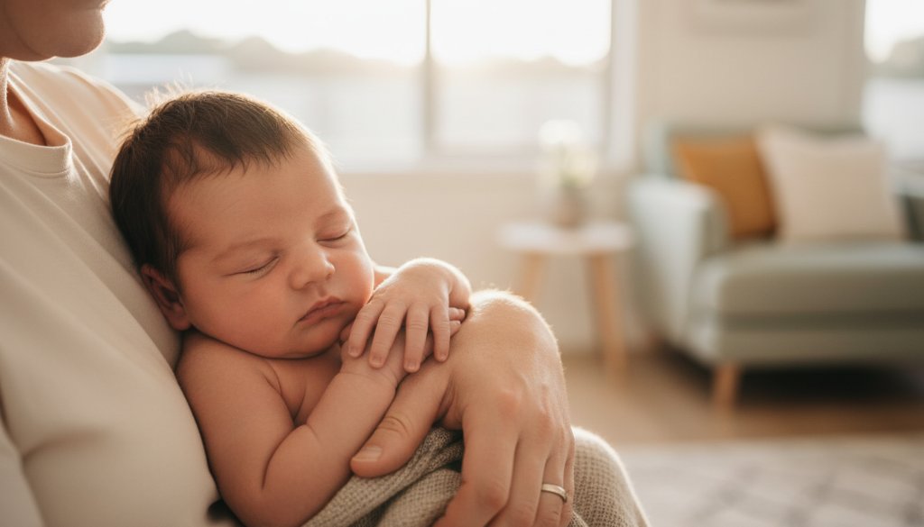 An intimate, dramatically lit close-up of a baby's tiny hand gently gripping a parent's finger during a Blackburn North newborn lifestyle photography session, bathed in warm, soft morning light filtering through a window, evoking a tender, timeless connection.