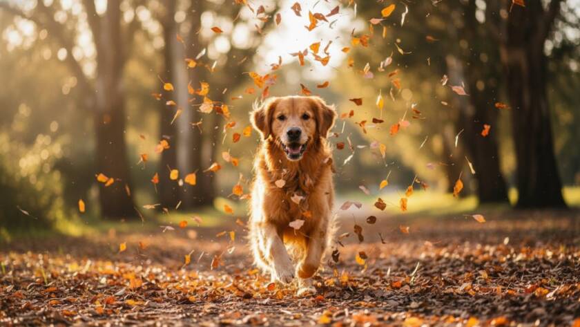 Dramatic close-up of a golden retriever mid-leap, tongue out, chasing a ball in a sun-drenched park in Blackburn North, showcasing the sheer delight of Blackburn North pet photography capturing joy, with dynamic bokeh and professional colour grading.
