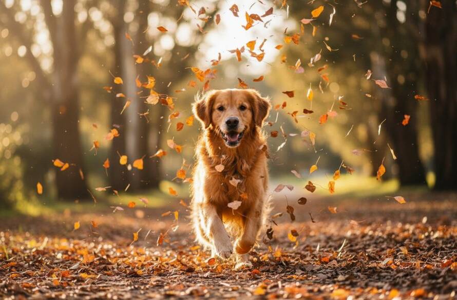 Dramatic close-up of a golden retriever mid-leap, tongue out, chasing a ball in a sun-drenched park in Blackburn North, showcasing the sheer delight of Blackburn North pet photography capturing joy, with dynamic bokeh and professional colour grading.