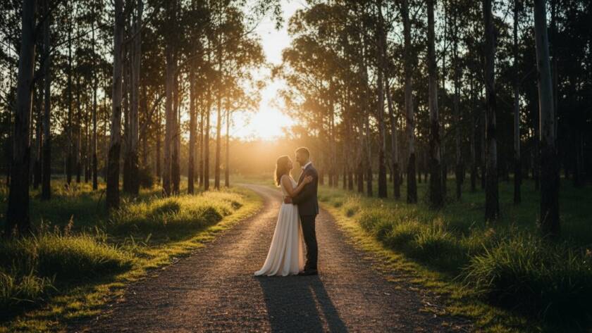 An epic moment from a Blackburn North pre-wedding photoshoot stunning moments, featuring a couple embracing under a dramatic sunset, professionally captured with rich colours and cinematic lighting.