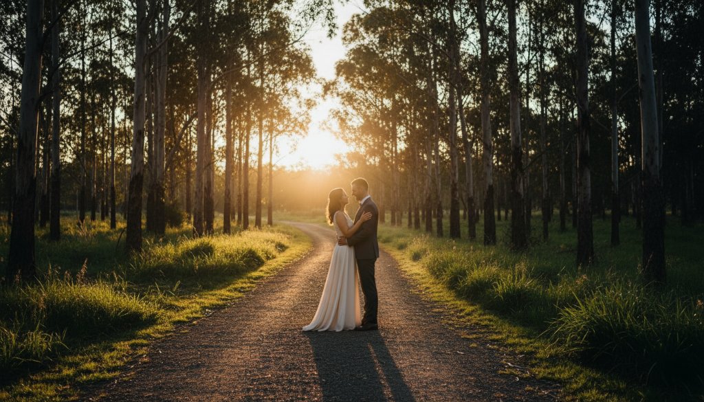 An epic moment from a Blackburn North pre-wedding photoshoot stunning moments, featuring a couple embracing under a dramatic sunset, professionally captured with rich colours and cinematic lighting.