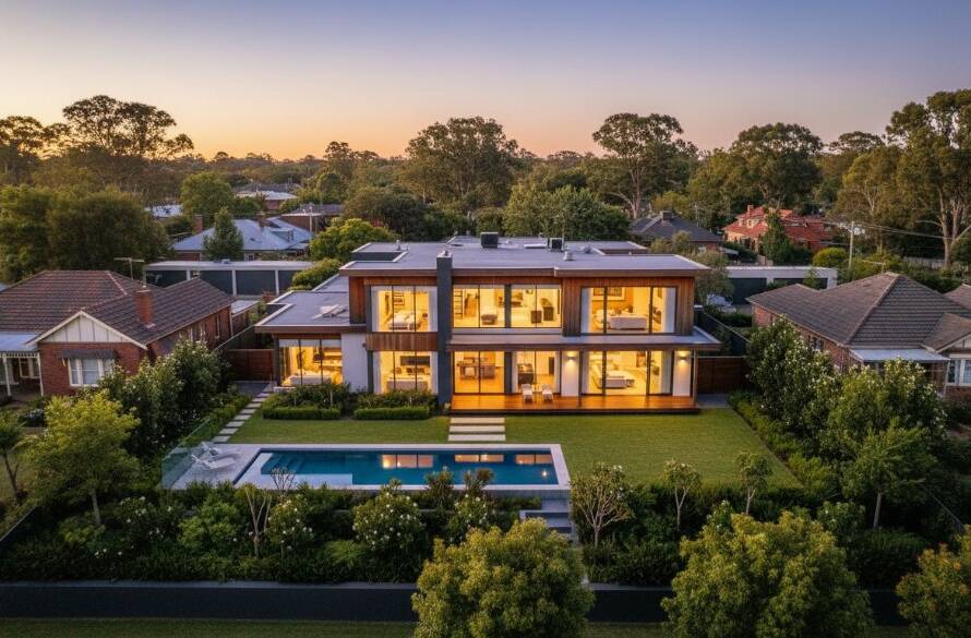 An aerial wide shot capturing a modern family home in Blackburn North at twilight, with warm interior lights glowing, framed by manicured gardens and the distinct suburban streetscape, showcasing expert Blackburn North real estate photography visual storytelling for potential buyers.
