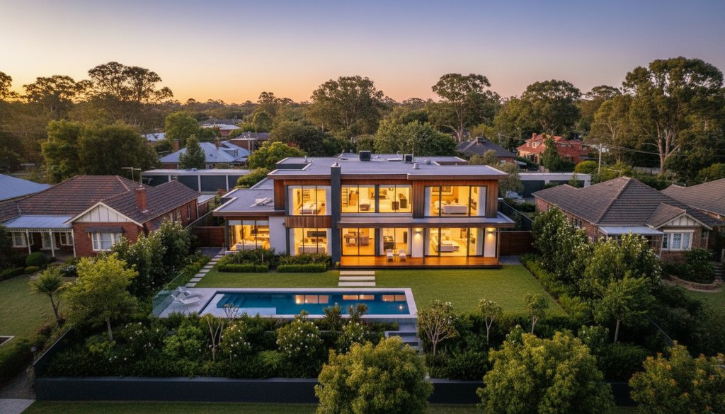 An aerial wide shot capturing a modern family home in Blackburn North at twilight, with warm interior lights glowing, framed by manicured gardens and the distinct suburban streetscape, showcasing expert Blackburn North real estate photography visual storytelling for potential buyers.
