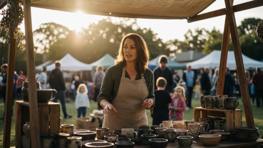 A powerful, cinematic wide shot capturing a local business owner passionately presenting their product at a community market in Blackburn North, Victoria, under dramatic morning light, showcasing Blackburn North Victoria editorial photography storytelling.
