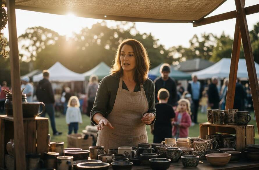 A powerful, cinematic wide shot capturing a local business owner passionately presenting their product at a community market in Blackburn North, Victoria, under dramatic morning light, showcasing Blackburn North Victoria editorial photography storytelling.