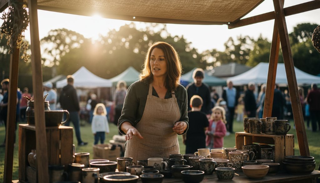 A powerful, cinematic wide shot capturing a local business owner passionately presenting their product at a community market in Blackburn North, Victoria, under dramatic morning light, showcasing Blackburn North Victoria editorial photography storytelling.