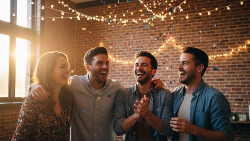 An epic moment of pure delight at a Blackburn party, featuring friends mid-laugh with confetti raining down, expertly captured by Blackburn party photography capturing genuine joy, showcasing vibrant emotion and celebration.
