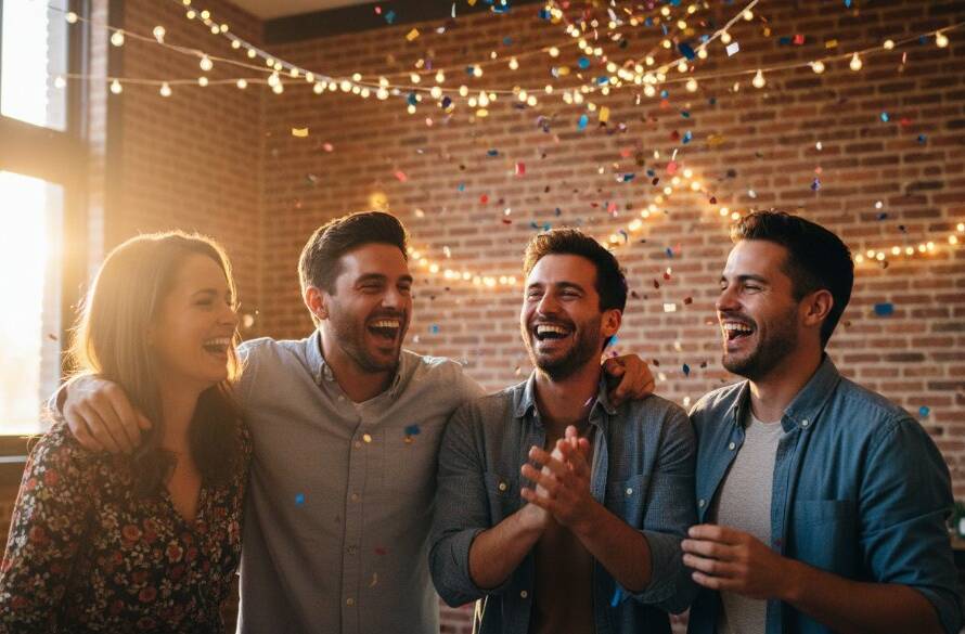 An epic moment of pure delight at a Blackburn party, featuring friends mid-laugh with confetti raining down, expertly captured by Blackburn party photography capturing genuine joy, showcasing vibrant emotion and celebration.