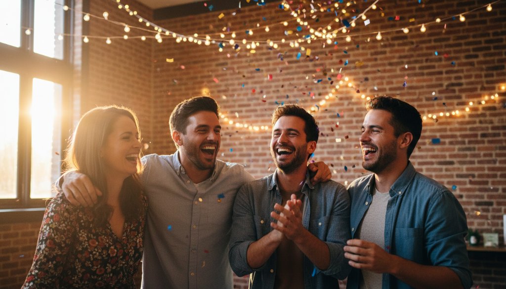 An epic moment of pure delight at a Blackburn party, featuring friends mid-laugh with confetti raining down, expertly captured by Blackburn party photography capturing genuine joy, showcasing vibrant emotion and celebration.