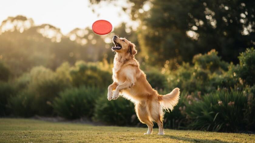 An adorable golden retriever playfully leaping through golden hour light at Blackburn Lake Sanctuary, perfectly capturing a heartwarming pet photography moment in Blackburn Victoria, showcasing joy and movement.