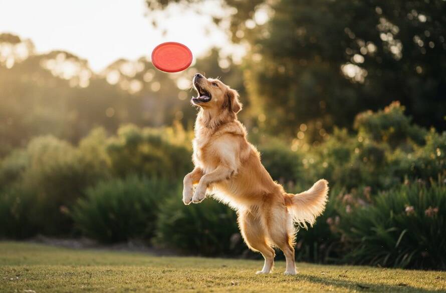 An adorable golden retriever playfully leaping through golden hour light at Blackburn Lake Sanctuary, perfectly capturing a heartwarming pet photography moment in Blackburn Victoria, showcasing joy and movement.