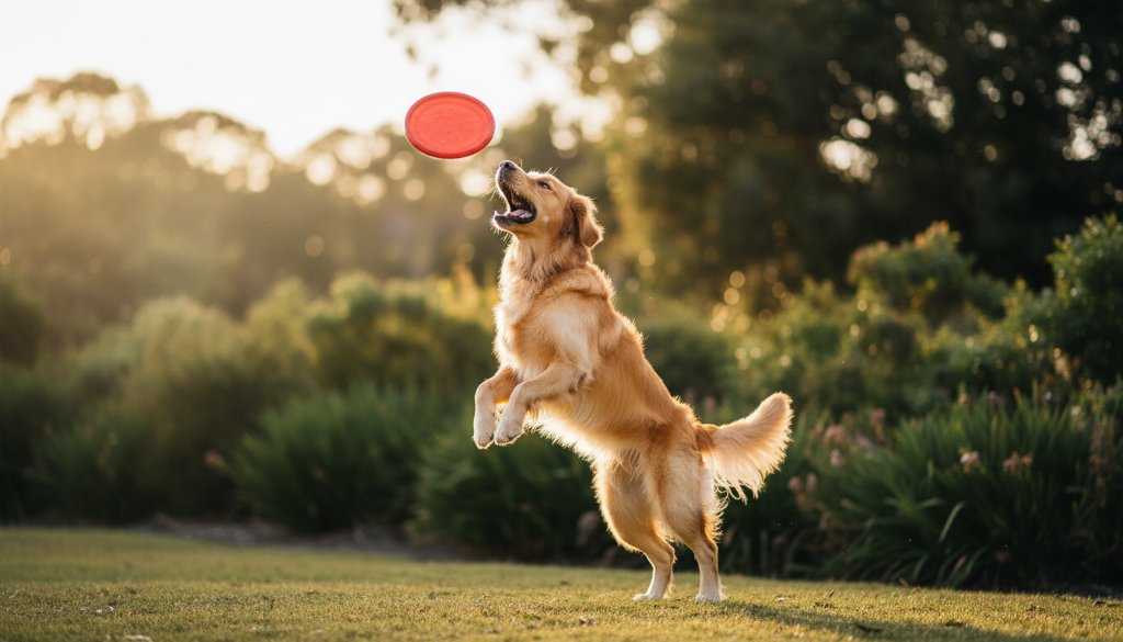 An adorable golden retriever playfully leaping through golden hour light at Blackburn Lake Sanctuary, perfectly capturing a heartwarming pet photography moment in Blackburn Victoria, showcasing joy and movement.