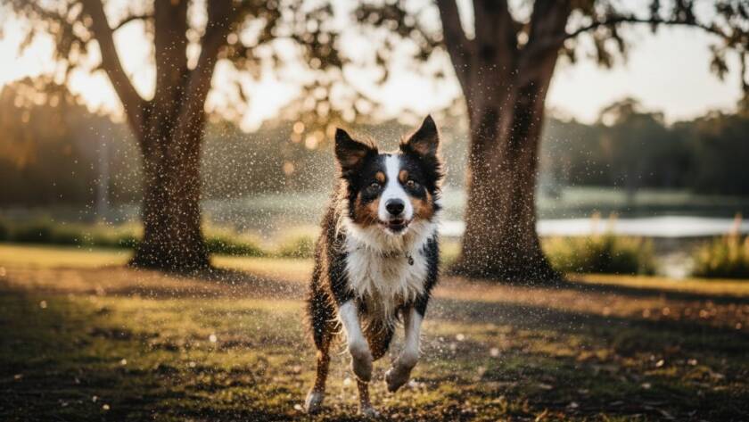 An epic moment of a golden retriever joyfully leaping mid-air through dappled sunlight and scattered autumn leaves in a Blackburn park, perfectly encapsulating Blackburn pet photography capturing joyful dog park adventures, with a blurred natural background.