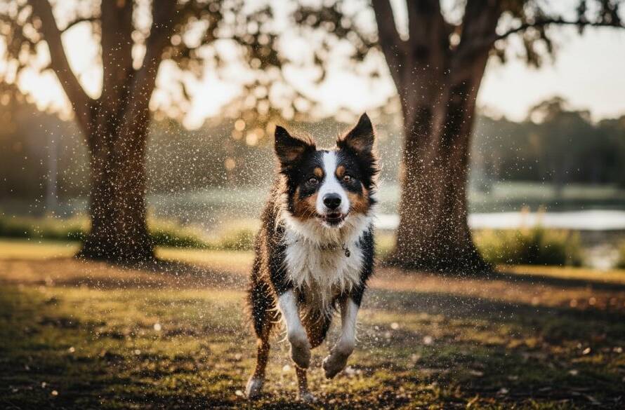 An epic moment of a golden retriever joyfully leaping mid-air through dappled sunlight and scattered autumn leaves in a Blackburn park, perfectly encapsulating Blackburn pet photography capturing joyful dog park adventures, with a blurred natural background.