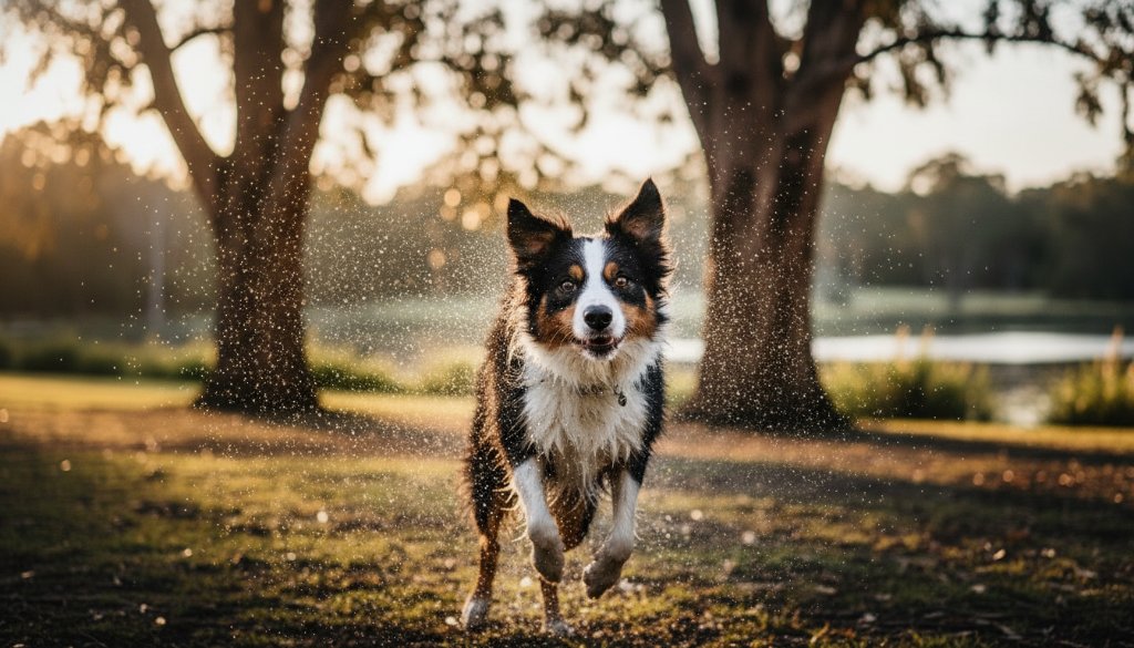 An epic moment of a golden retriever joyfully leaping mid-air through dappled sunlight and scattered autumn leaves in a Blackburn park, perfectly encapsulating Blackburn pet photography capturing joyful dog park adventures, with a blurred natural background.