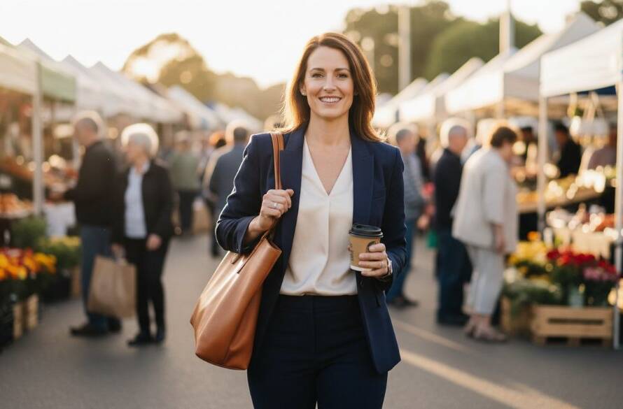 A vibrant and dynamic Blackburn Professional Branding Photography shot of a female entrepreneur, mid-laugh, holding a locally sourced coffee outside a bustling cafe near Blackburn Station Village, her brand's unique personality radiating in the golden hour light, captured with professional depth and colour grading.