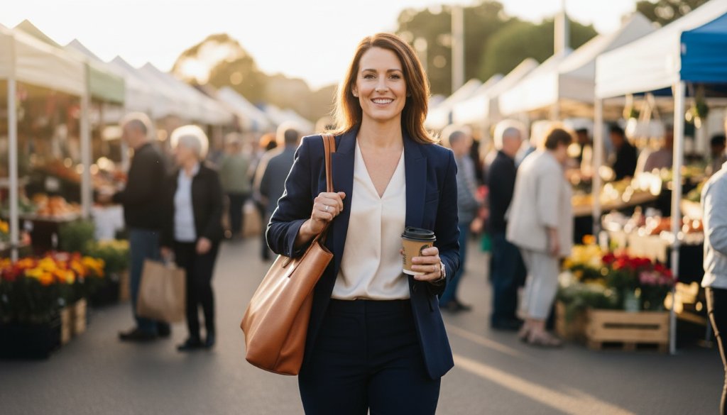 A vibrant and dynamic Blackburn Professional Branding Photography shot of a female entrepreneur, mid-laugh, holding a locally sourced coffee outside a bustling cafe near Blackburn Station Village, her brand's unique personality radiating in the golden hour light, captured with professional depth and colour grading.