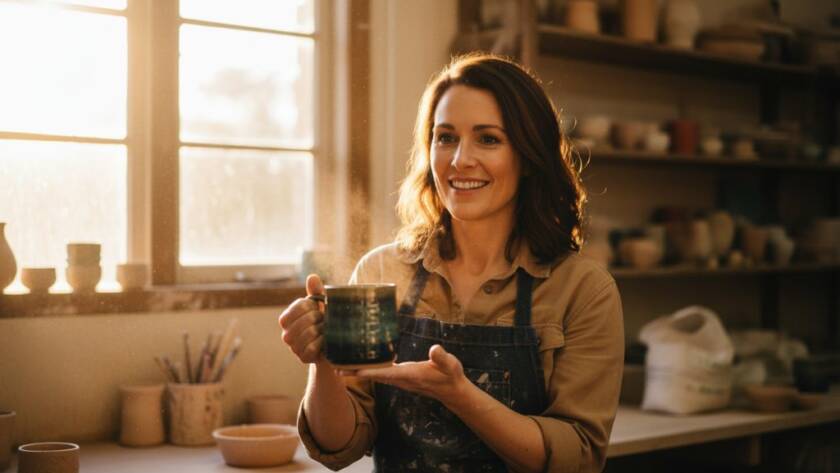 A dynamic, epic moment photograph featuring a local Blackburn business owner passionately presenting their unique product, captured by Blackburn Professional Commercial Photography for Local Brands, with dramatic lighting highlighting their brand story.